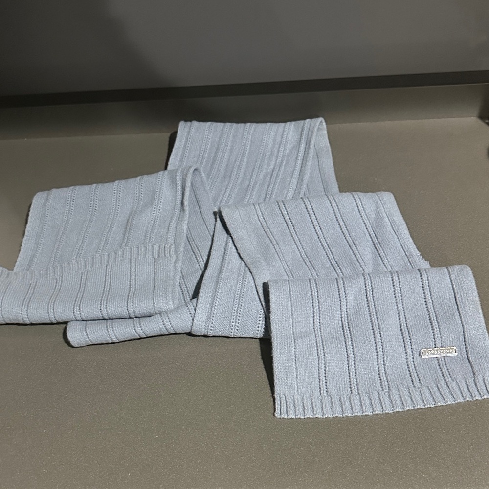 Longchamp Silver Logo on Blue Gray Knit Scarf
